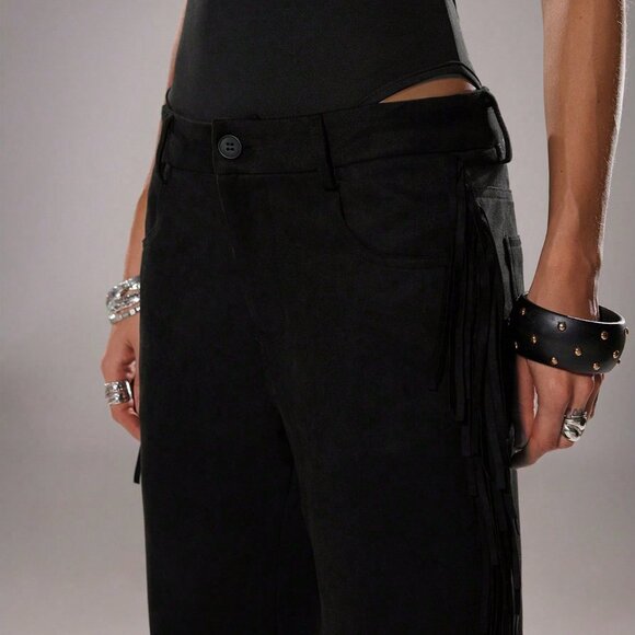 Black Women's Casual Flared Leg Faux Suede Fringe Side Pants - Picture 5 of 7